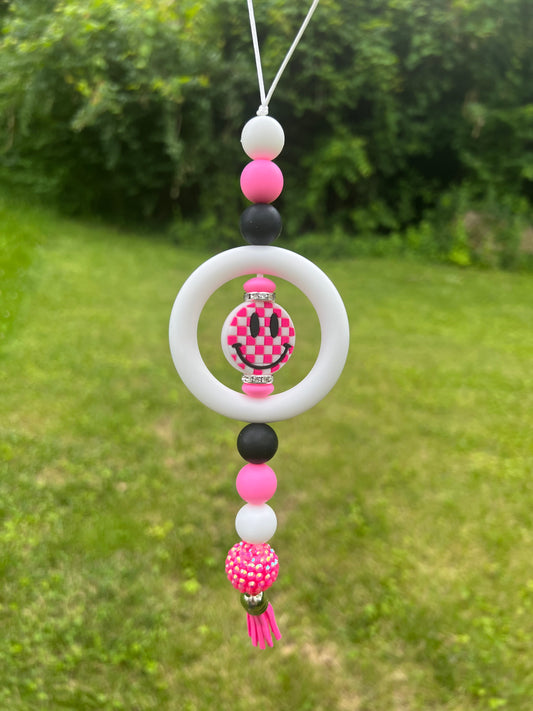 Pink Checkered Smiley Car Charm (White Ring)