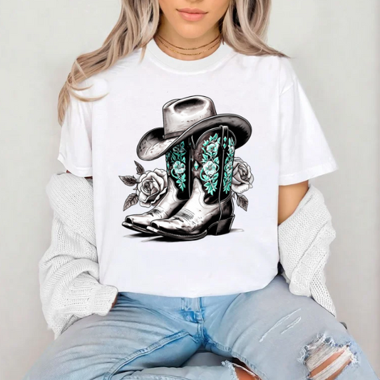 Cowgirl Boots (white and teal with hat)- SUBLIMATION