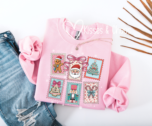 Pink Christmas Postage Stamps Crewneck